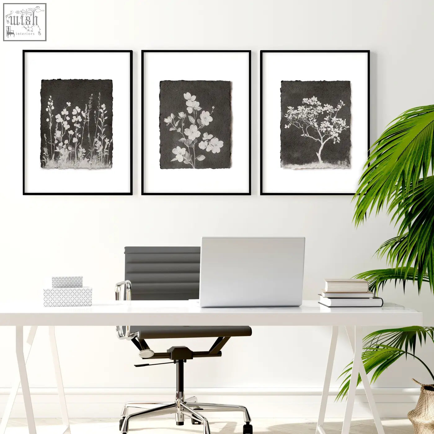 Three black-and-white framed botanical prints with delicate white floral silhouettes for dark brown wall art