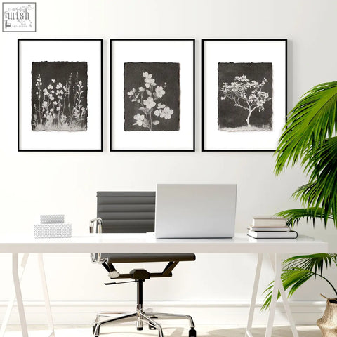 Three black-and-white framed botanical prints with delicate white floral silhouettes for dark brown wall art