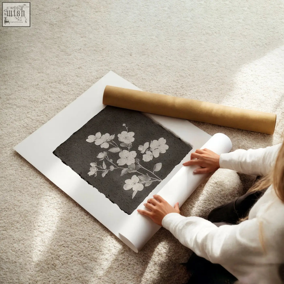 Delicate white floral print on dark textured paper with white border in dark brown wall art set of 3 wildflowers