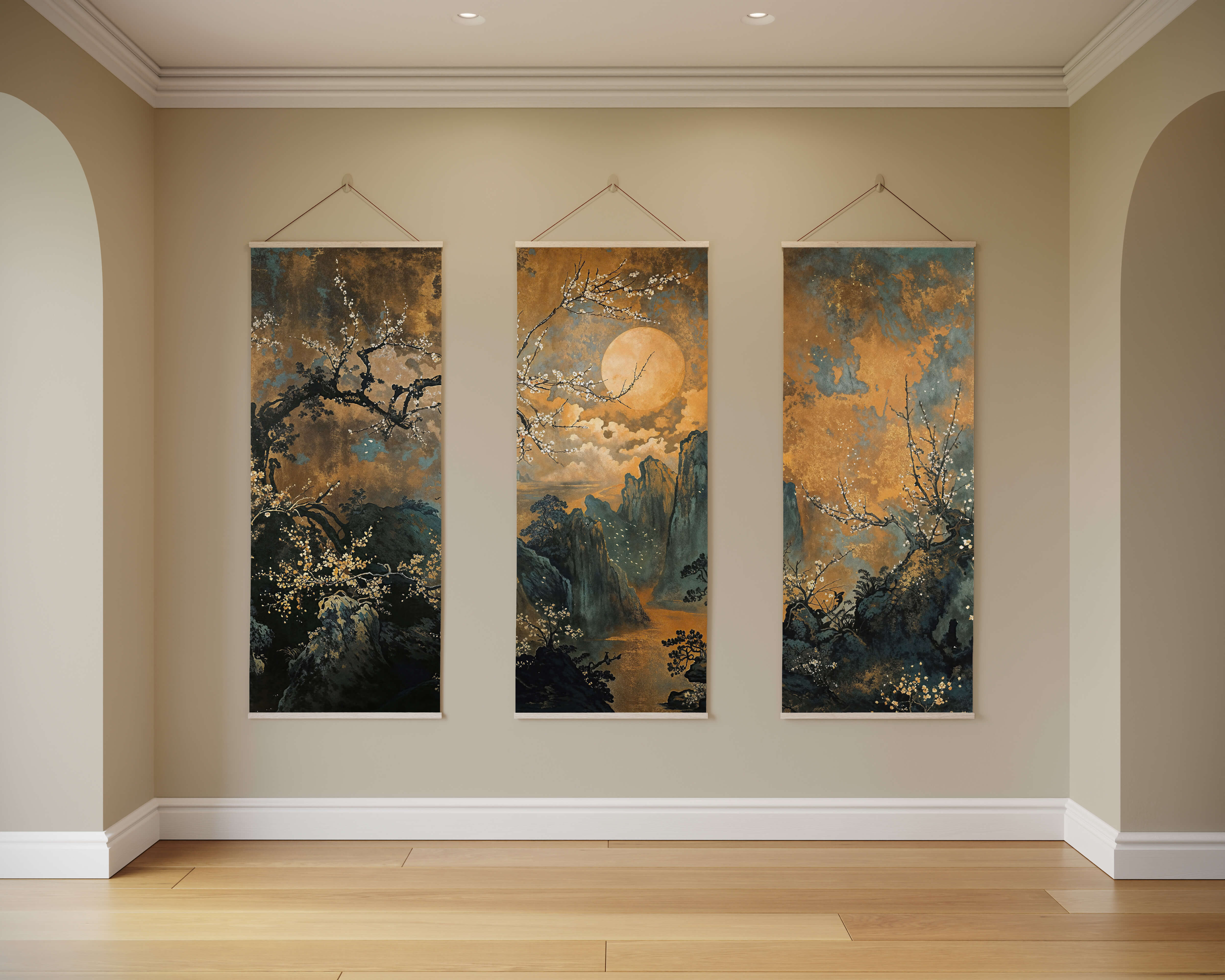 Three framed landscape paintings with misty mountains and blossoming trees in a dark chinoiserie tapestry style