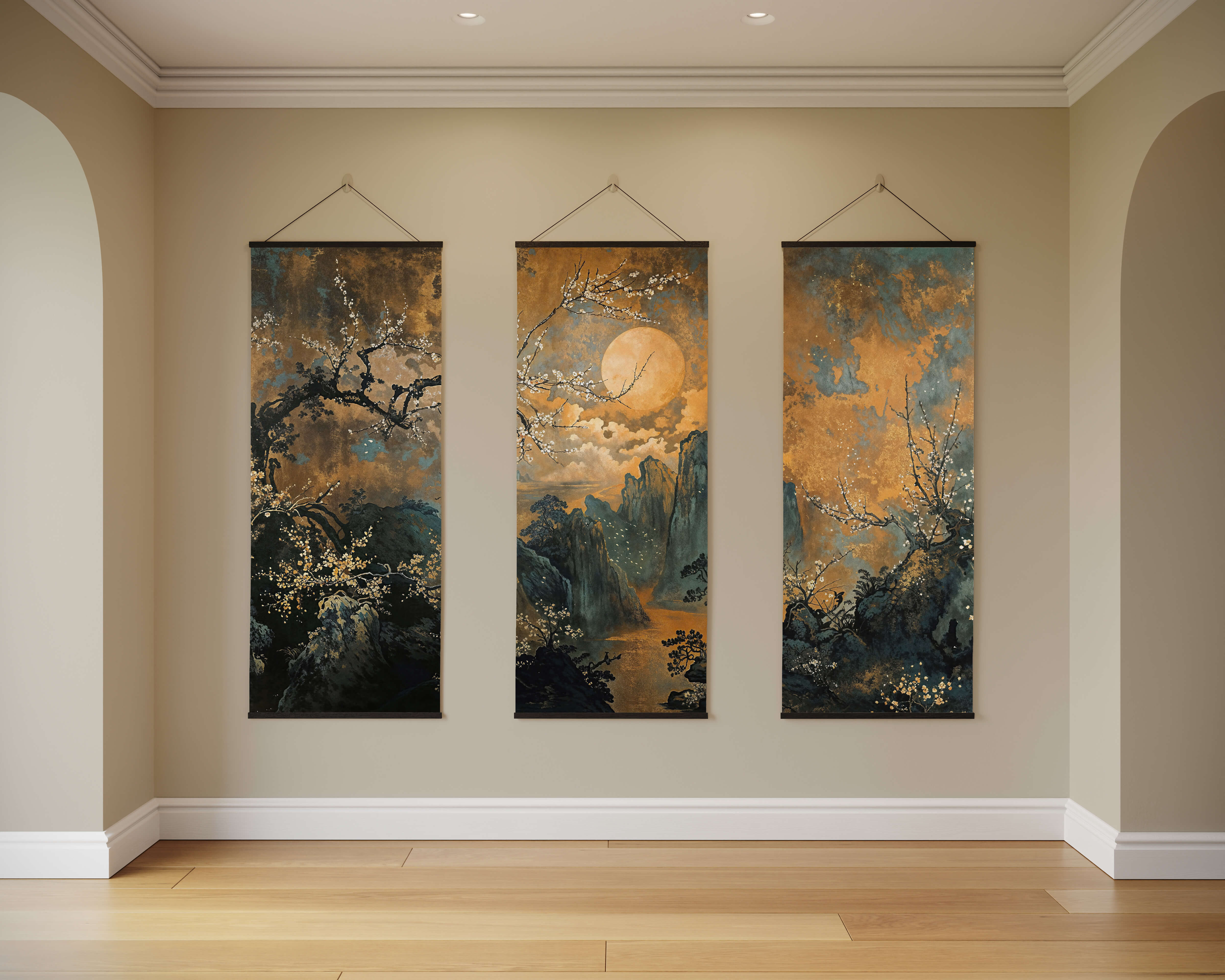 Three dark chinoiserie tapestry scrolls with full moon and blossoming trees on misty mountain landscapes