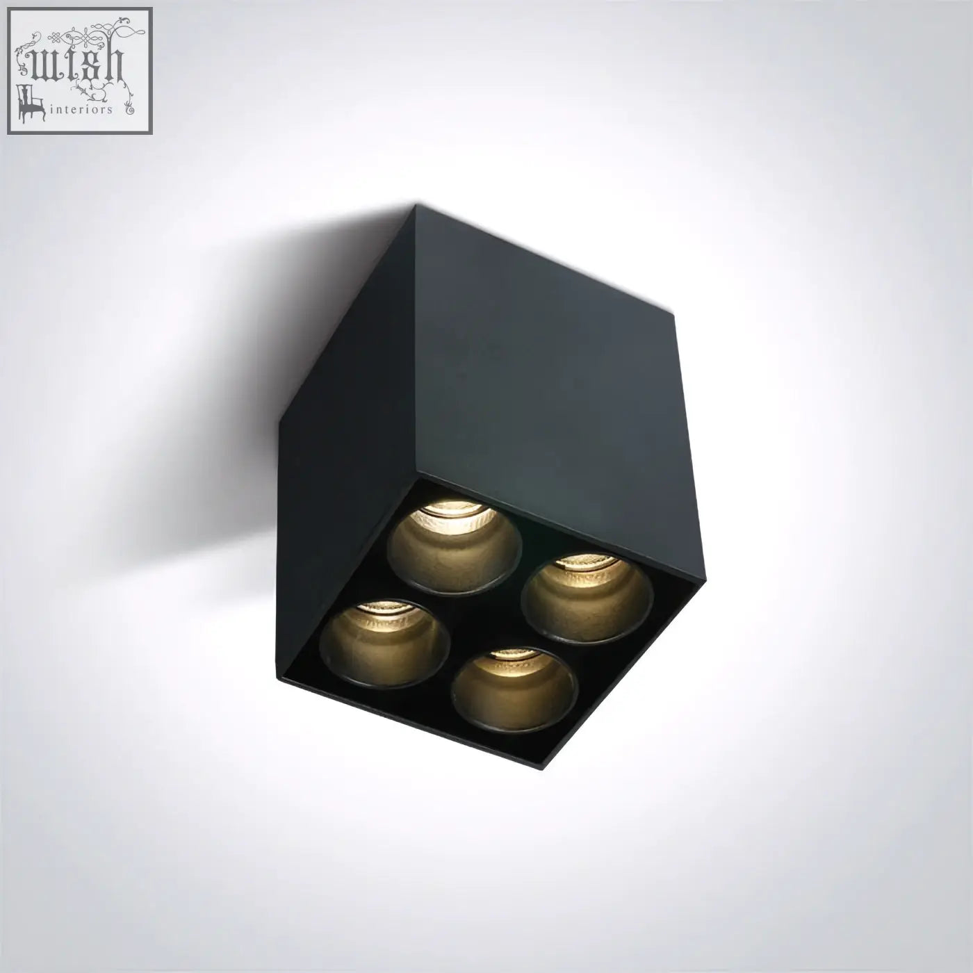 Black cube dark light ceiling tubes with four gold-toned 10w smd led bulbs recessed for modern spaces