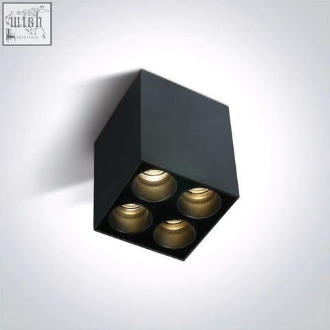 Black cube dark light ceiling tubes with four gold-toned 10w smd led bulbs recessed for modern spaces
