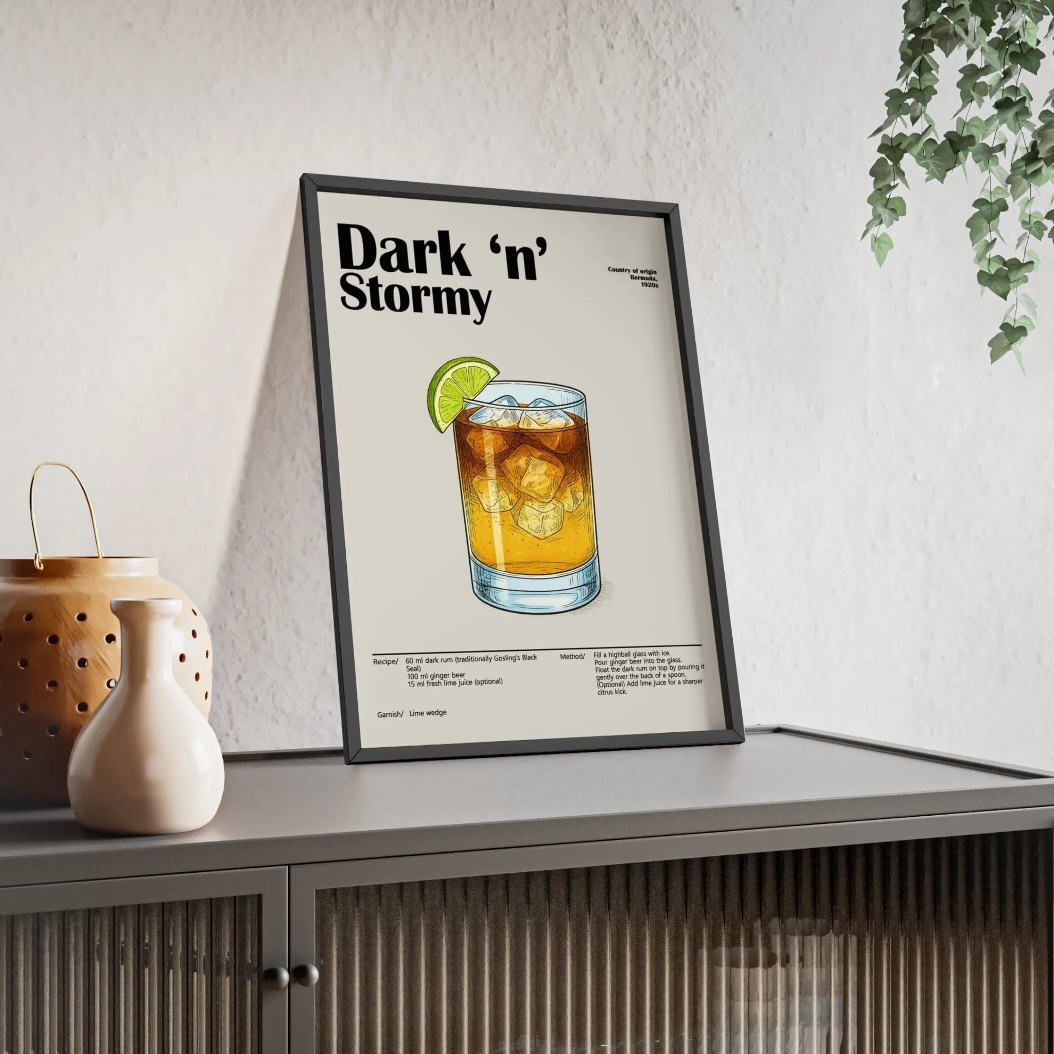 Black-framed dark n stormy cocktail poster with minimalist drink illustration ice cubes and lime wedge garnish