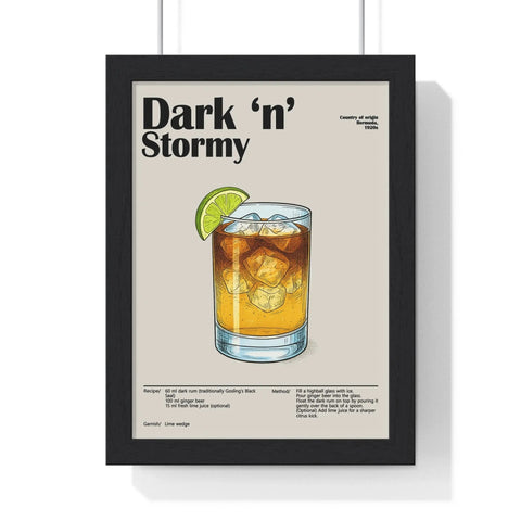 Black-framed stormy cocktail poster featuring dark n stormy in a rocks glass with lime wedge and ice illustration