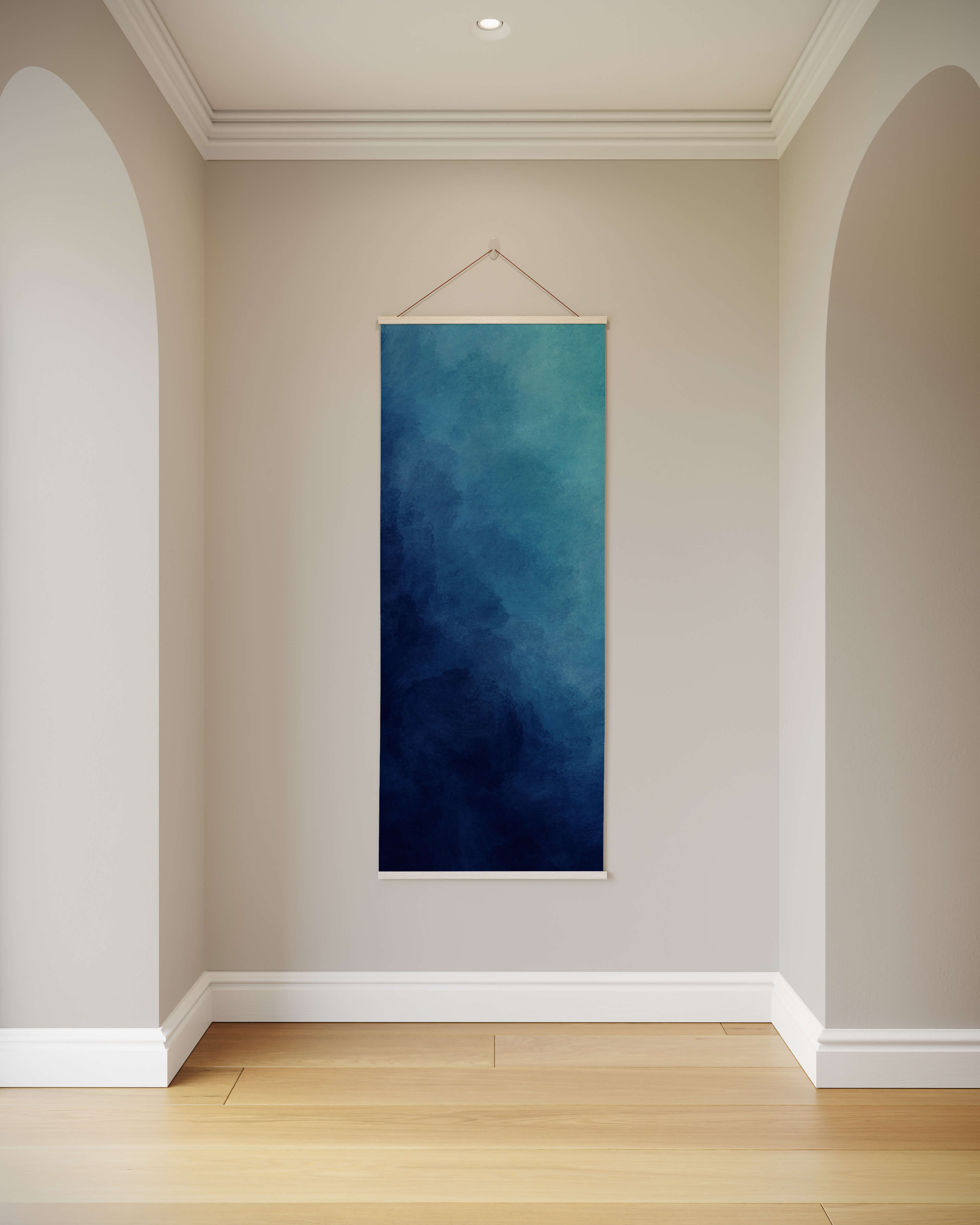 A vertical hanging dark ombre watercolour tapestry with a deep blue to teal gradient and a white border frame