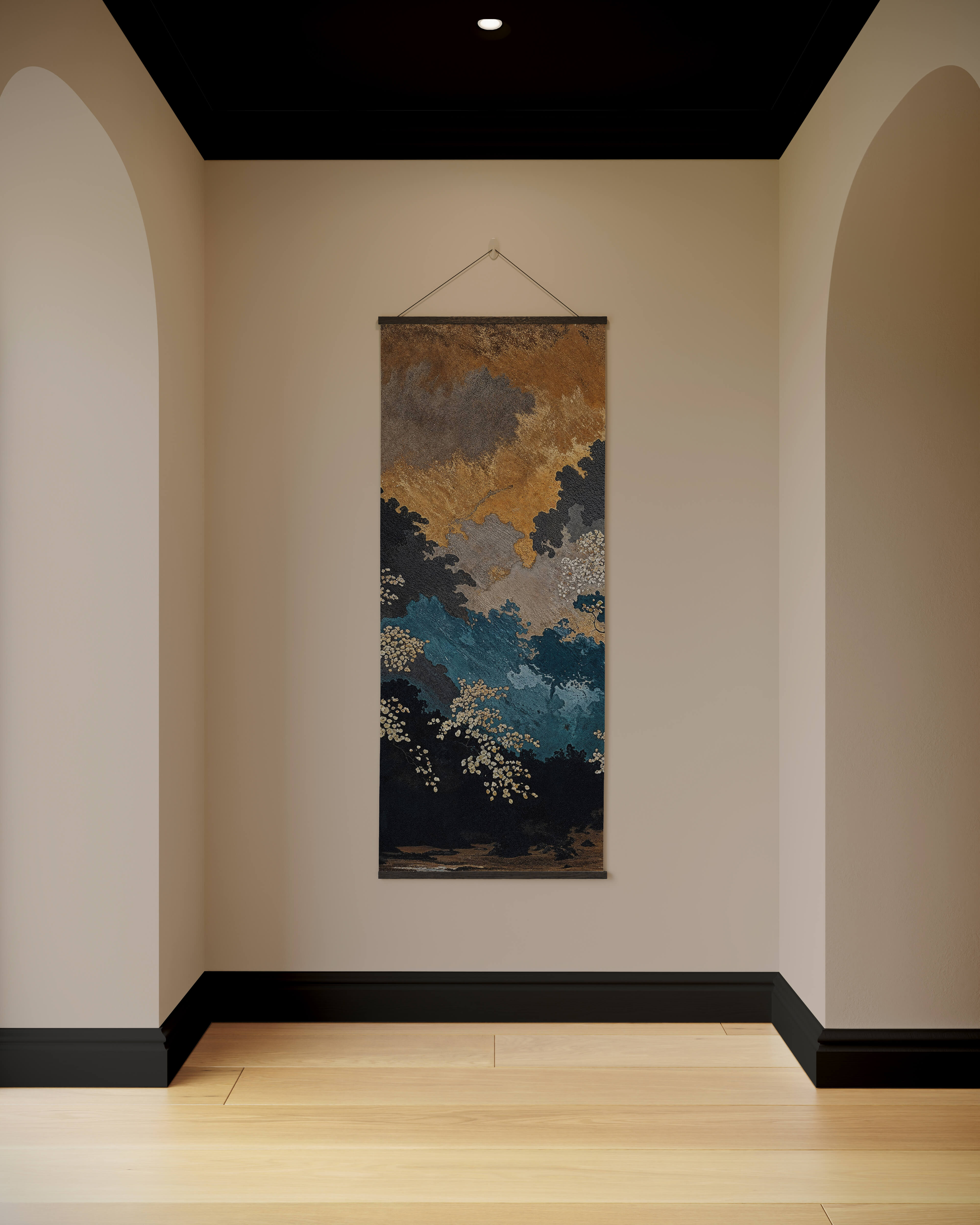 A dark oriental forest tapestry hanging vertically with golden and blue trees under a cloudy sky design