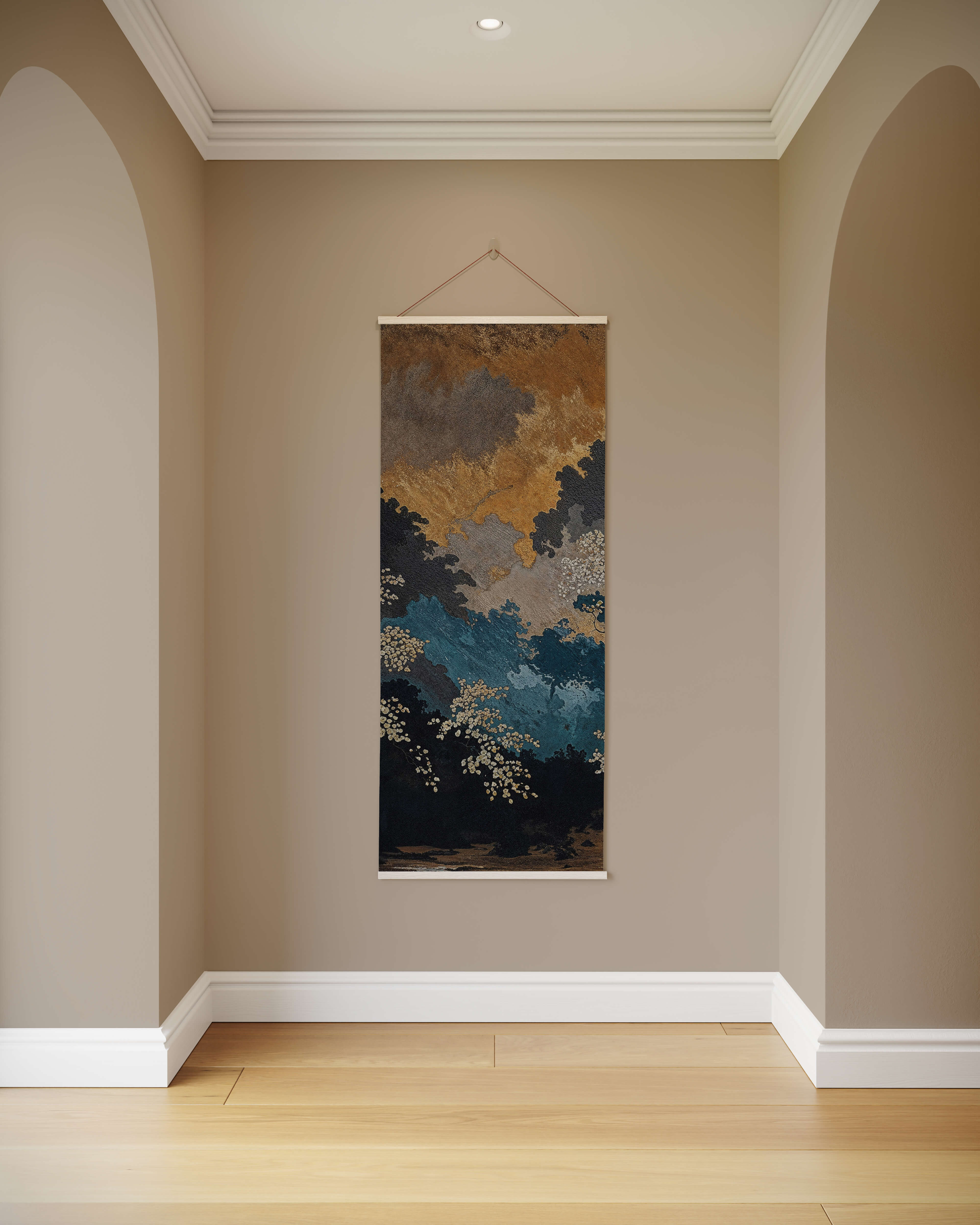 A dark oriental forest tapestry with a vertical nature scene in earthy gold blue and dark green framed by white borders