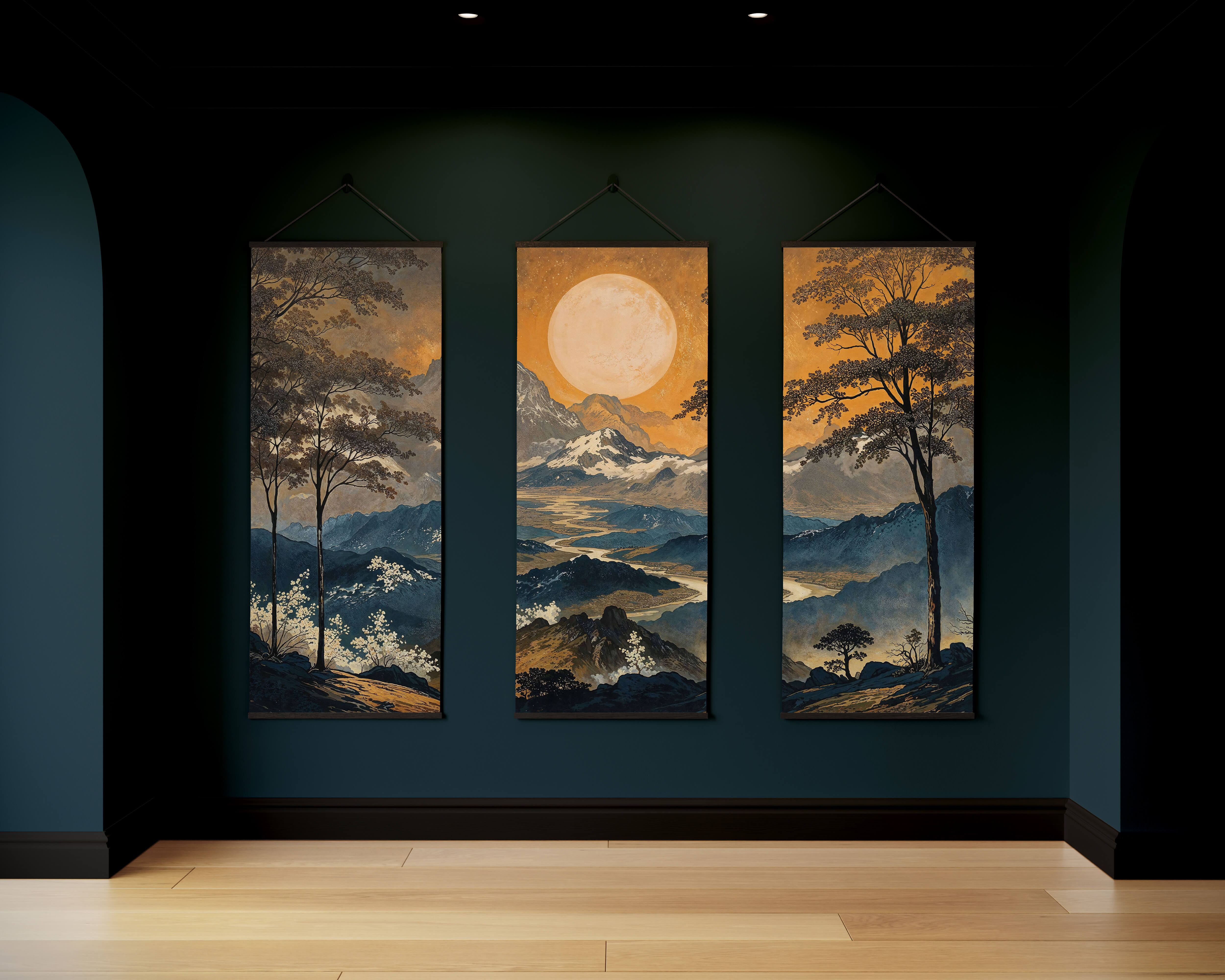 Dark oriental landscape tapestry featuring a glowing golden moon over snow-capped mountains in dark wood frames