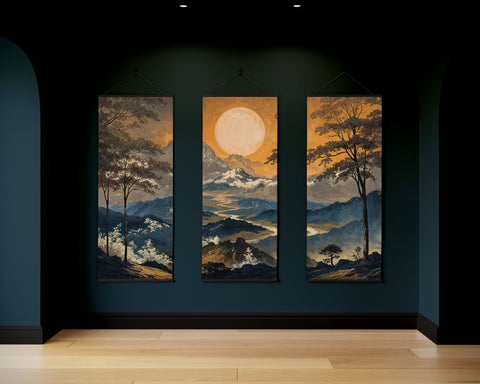 Dark oriental landscape tapestry featuring a glowing golden moon over snow-capped mountains in dark wood frames