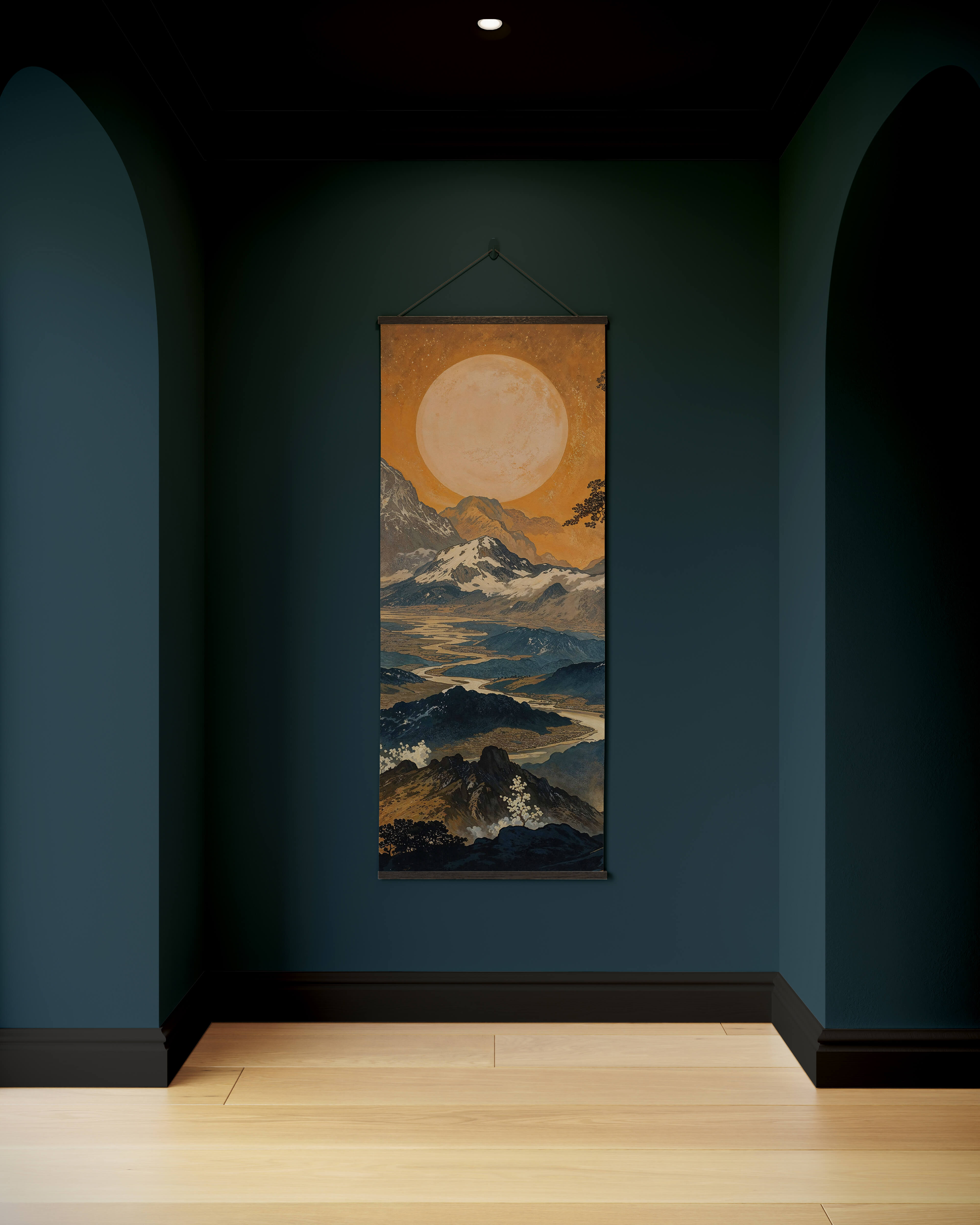 Dark oriental landscape tapestry with a vertical scroll design featuring an orange moon over snow-capped mountains and rivers framed in dark wood