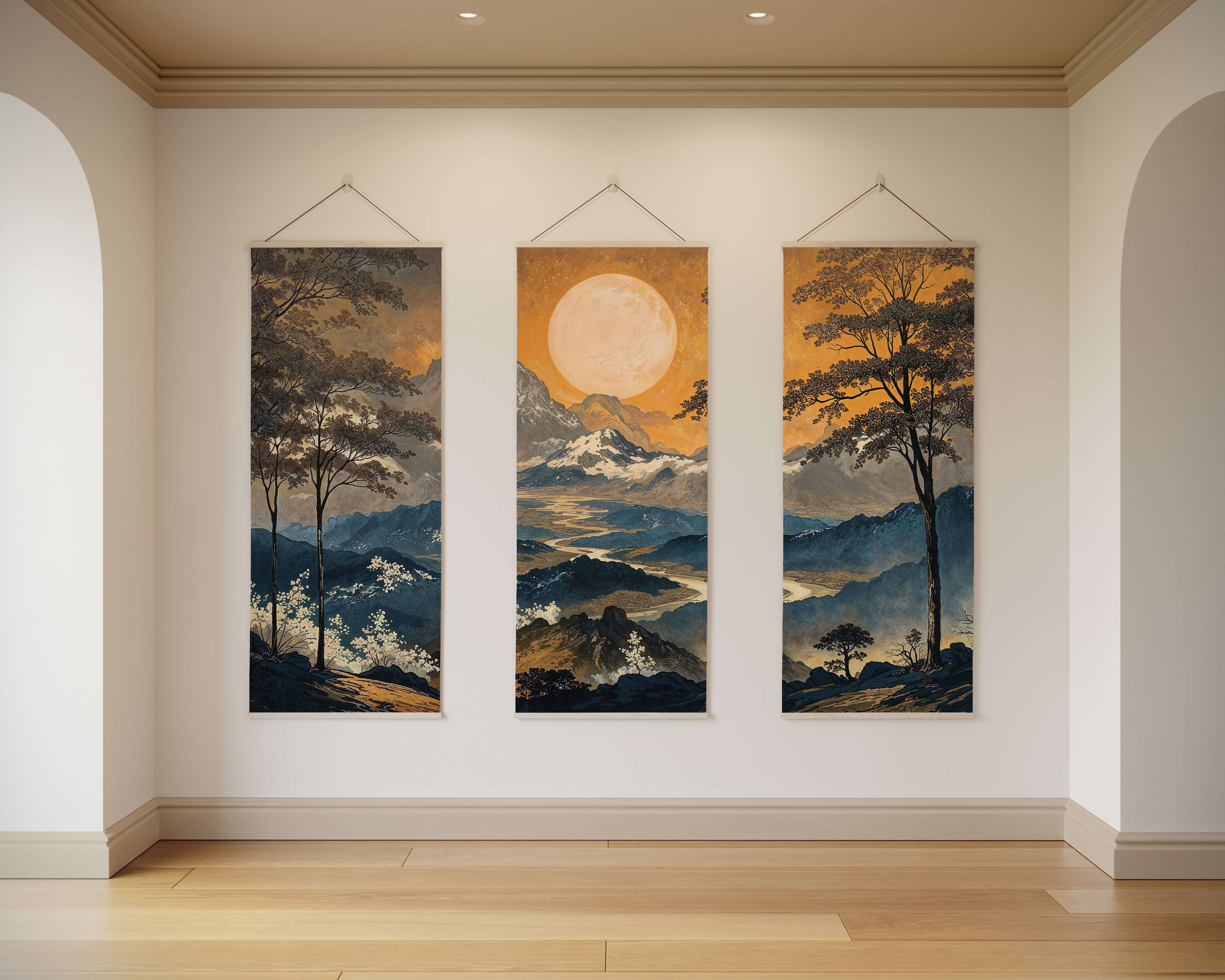 Three dark oriental landscape tapestries with golden sun and mountain scenes hanging on a white wall