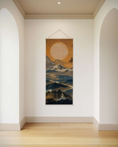 A dark oriental landscape tapestry featuring a vertical hanging canvas with a warm sun over serene mountains