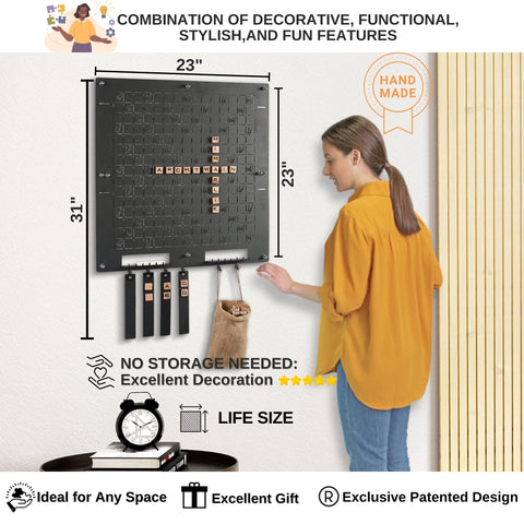 Dark scrabble wall game with black wood board and wooden letter tiles for the player forming words ages 8 and up