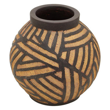 A darnell round natural handcrafted ceramic vase with a matte brown base and black geometric patterns