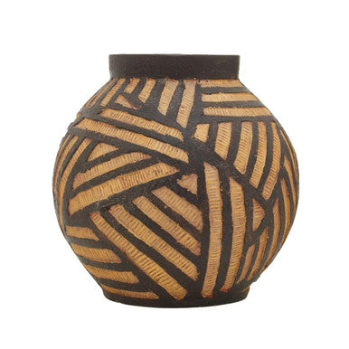 Darnell round natural ceramic vase with dark brown rim and base featuring intricate golden brown stripe pattern