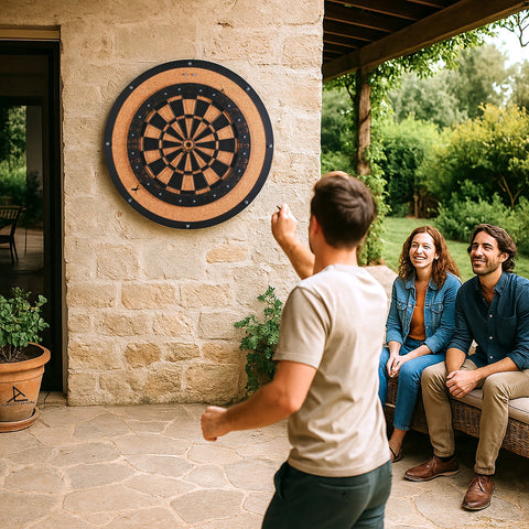Dart wall game with circular cork dartboard and black rim mounted on stone wall with easy hanging instructions for all ages
