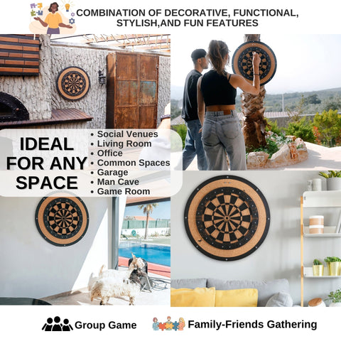 Dart wall game with a circular black and tan wooden dartboard featuring concentric rings for easy reach zero play