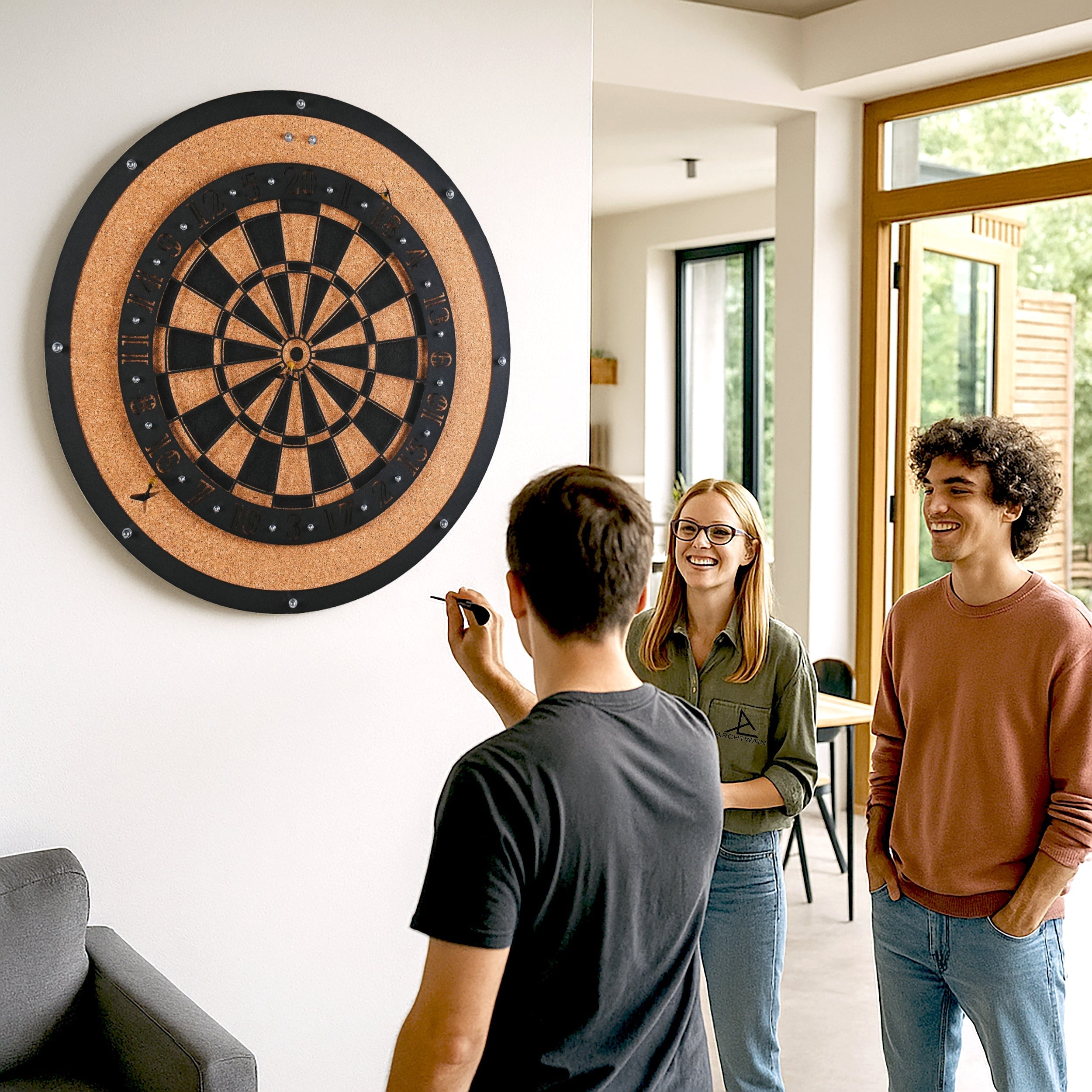 Dart wall game with circular cork dartboard black rim and scoring segments includes hanging instructions for easy setup