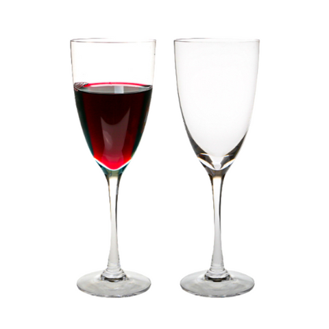 Clear glass dartington crystal rachael red wine glasses set of 2 with one filled and one empty red wine glass