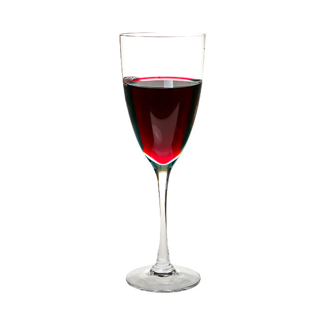 A clear dartington crystal rachael red wine glass with a slender stem holding deep red wine 240ml set of 2