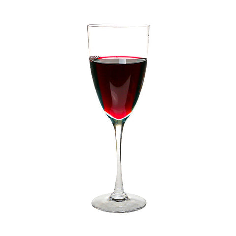A clear dartington crystal rachael red wine glass with a slender stem holding deep red wine 240ml set of 2