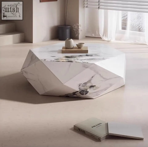 Darwin coffee table sintered stone with geometric white marble top featuring angular design and subtle gray veining