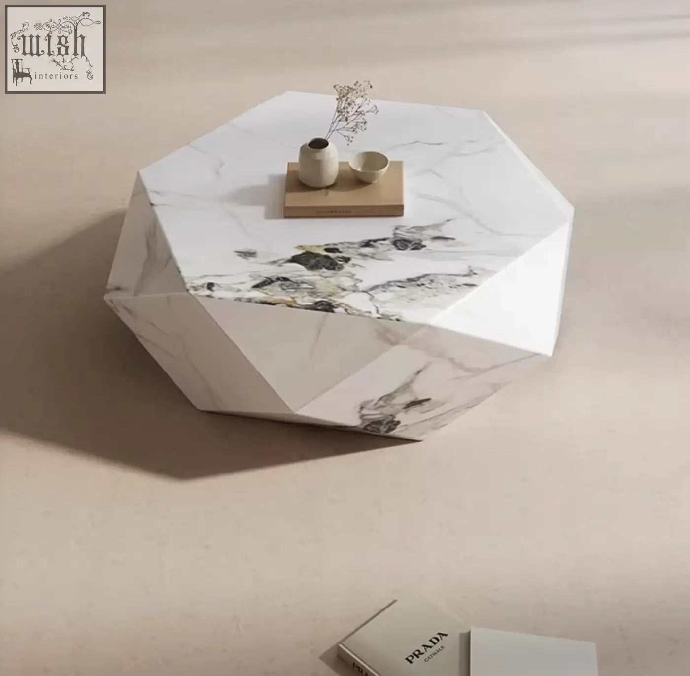 Geometric white marble darwin coffee table with black and gray veining made of durable sintered stone