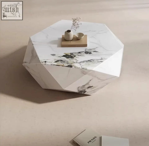 Geometric white marble darwin coffee table with black and gray veining made of durable sintered stone