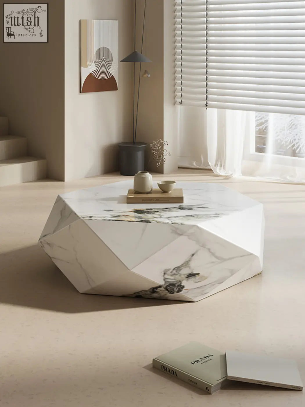 Geometric white marble darwin coffee table with faceted design and subtle gray veining in sintered stone