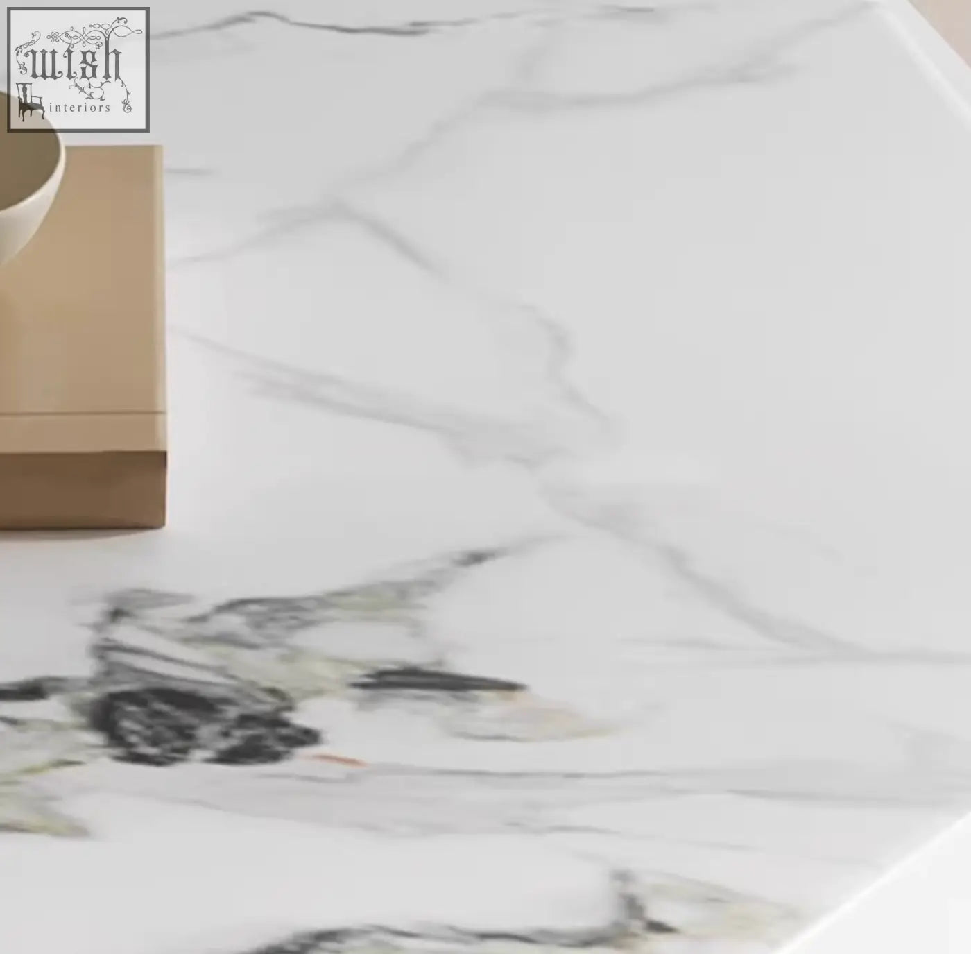 White marble-effect sintered stone countertop with subtle gray veining on darwin coffee table surface