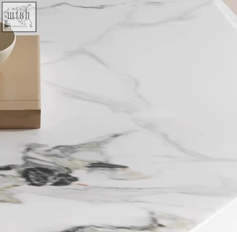 White marble-effect sintered stone countertop with subtle gray veining on darwin coffee table surface