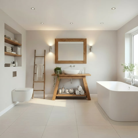 Dasi bathroom vanity with open wooden shelf and white ceramic sink showing natural wood grain finish
