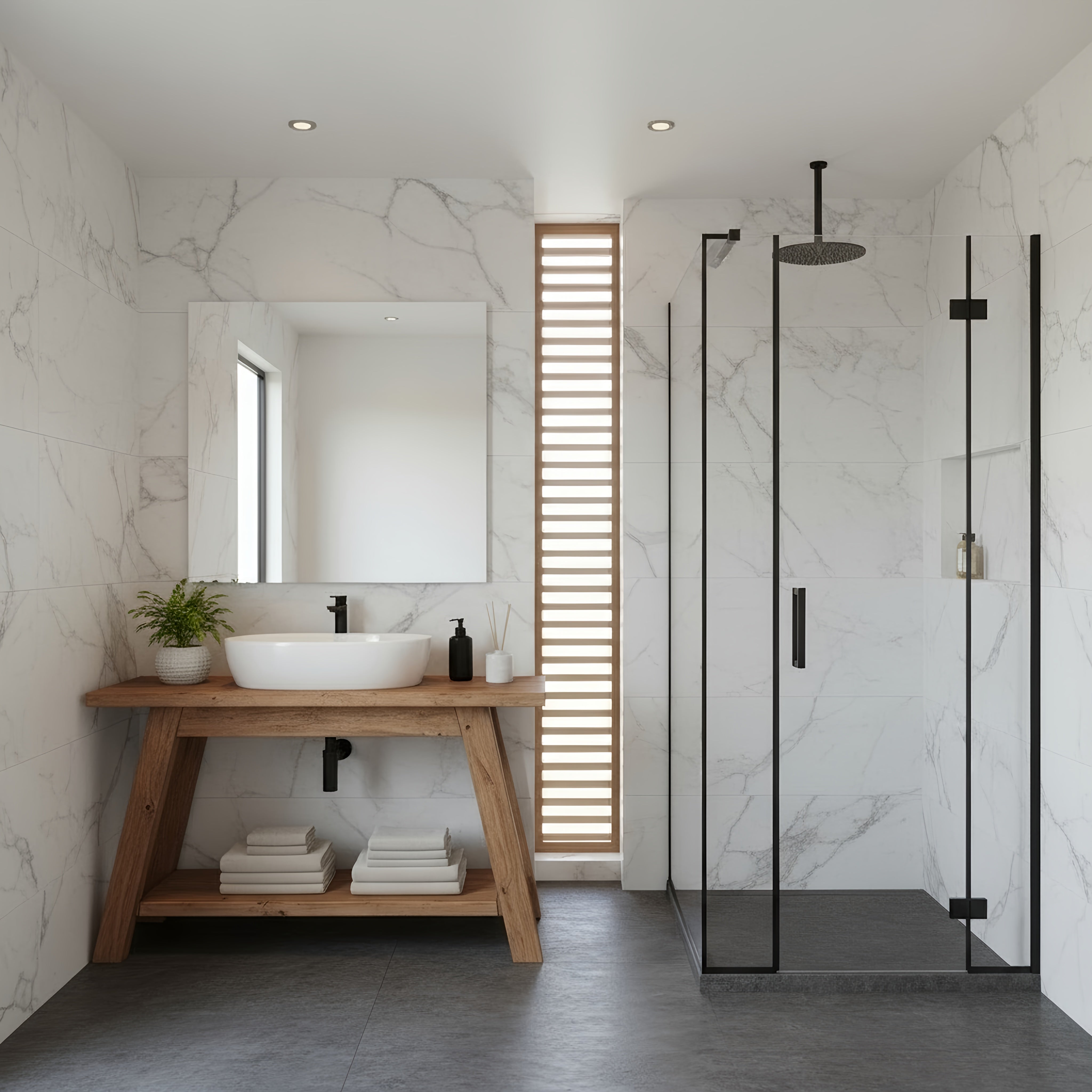 Modern white marble dasi bathroom vanity with wooden countertop and black fixtures for stylish bathroom vanity use