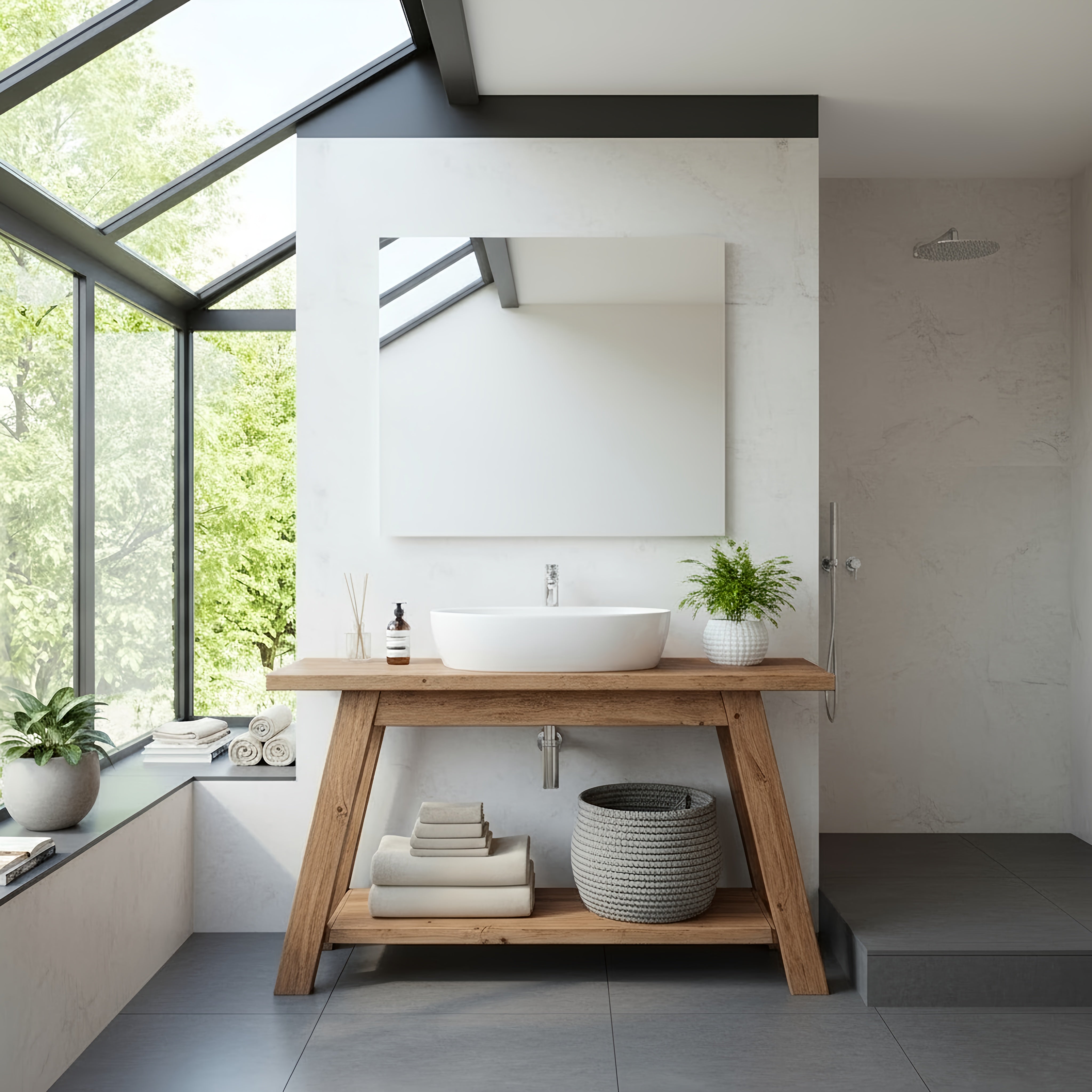 White ceramic vessel sink with sleek design mounted on rustic wooden dasi bathroom vanity with shelf