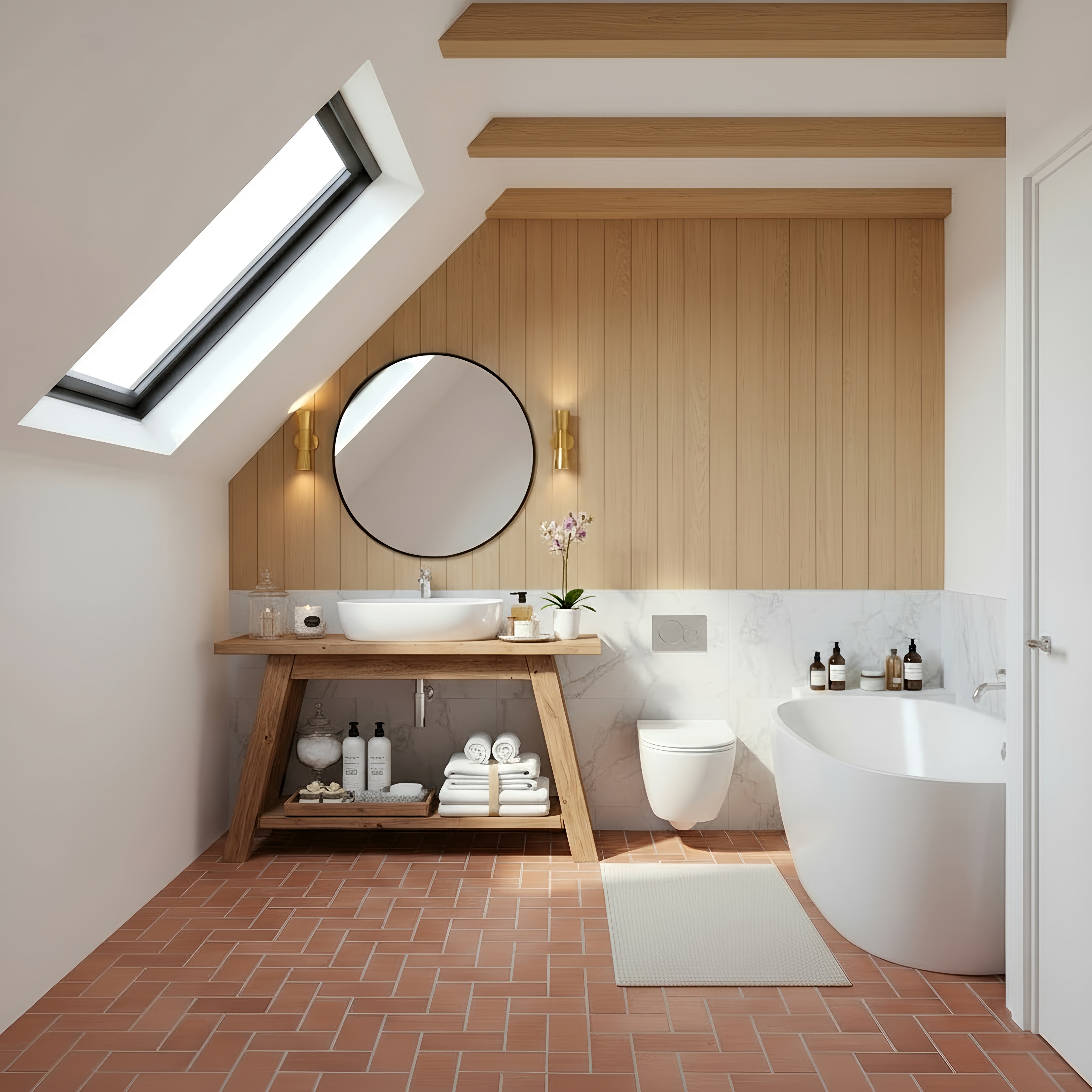 White ceramic vessel sink with sleek minimalist design on rustic wooden dasi bathroom vanity with shelf