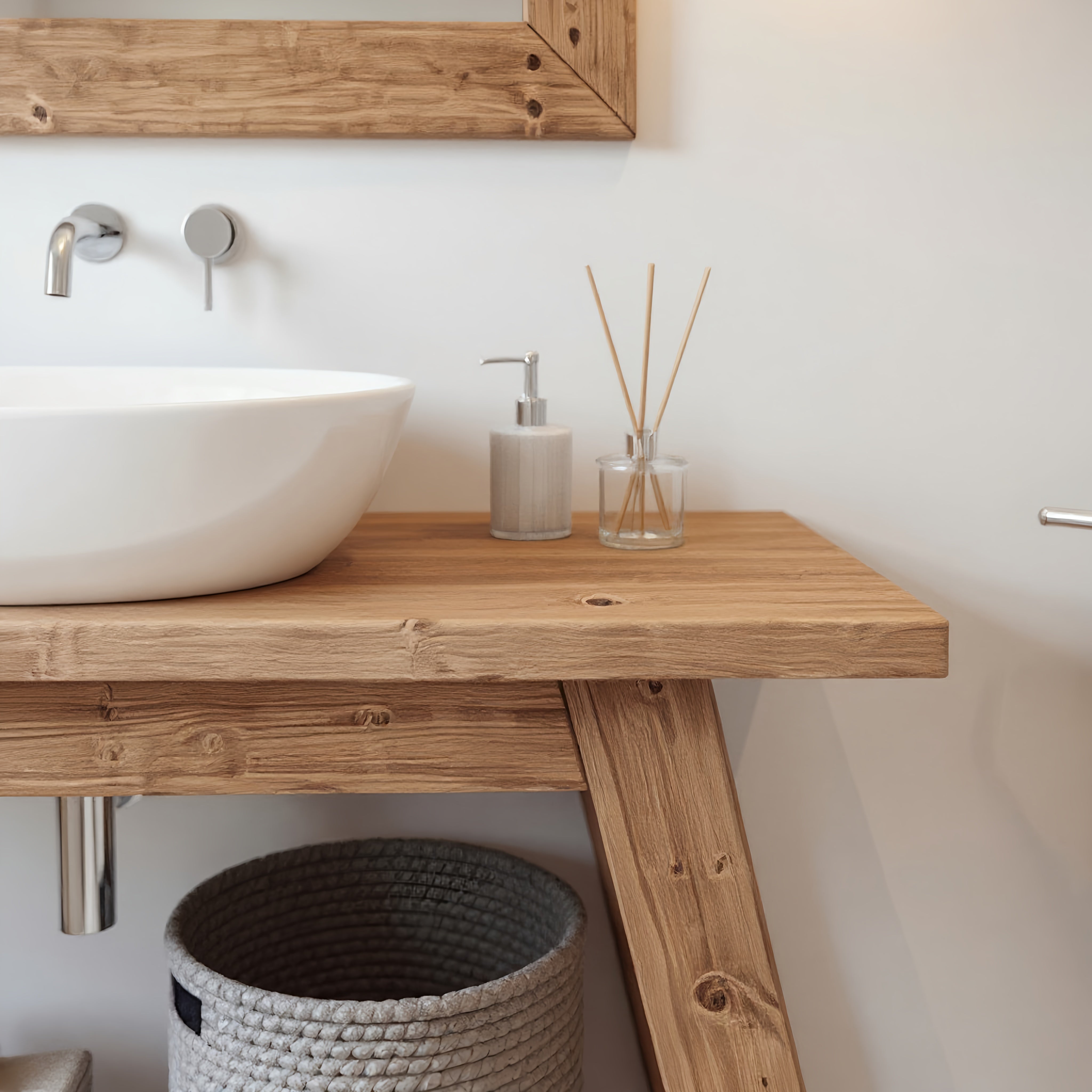 White ceramic vessel sink with smooth rounded bowl on rustic wooden dasi bathroom vanity with shelf