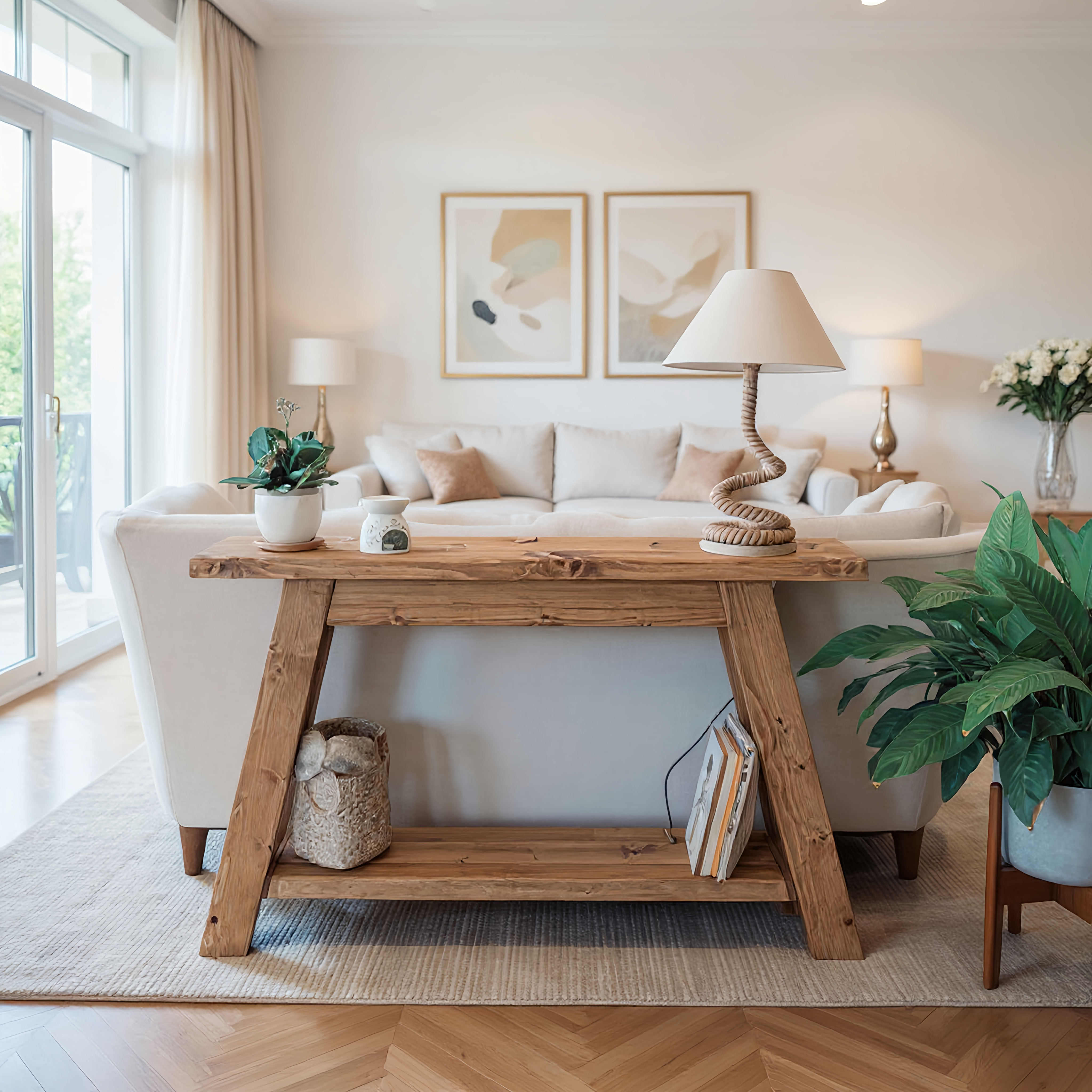 Rustic wooden dasi console table with natural finish and sturdy a-frame legs featuring a lower shelf