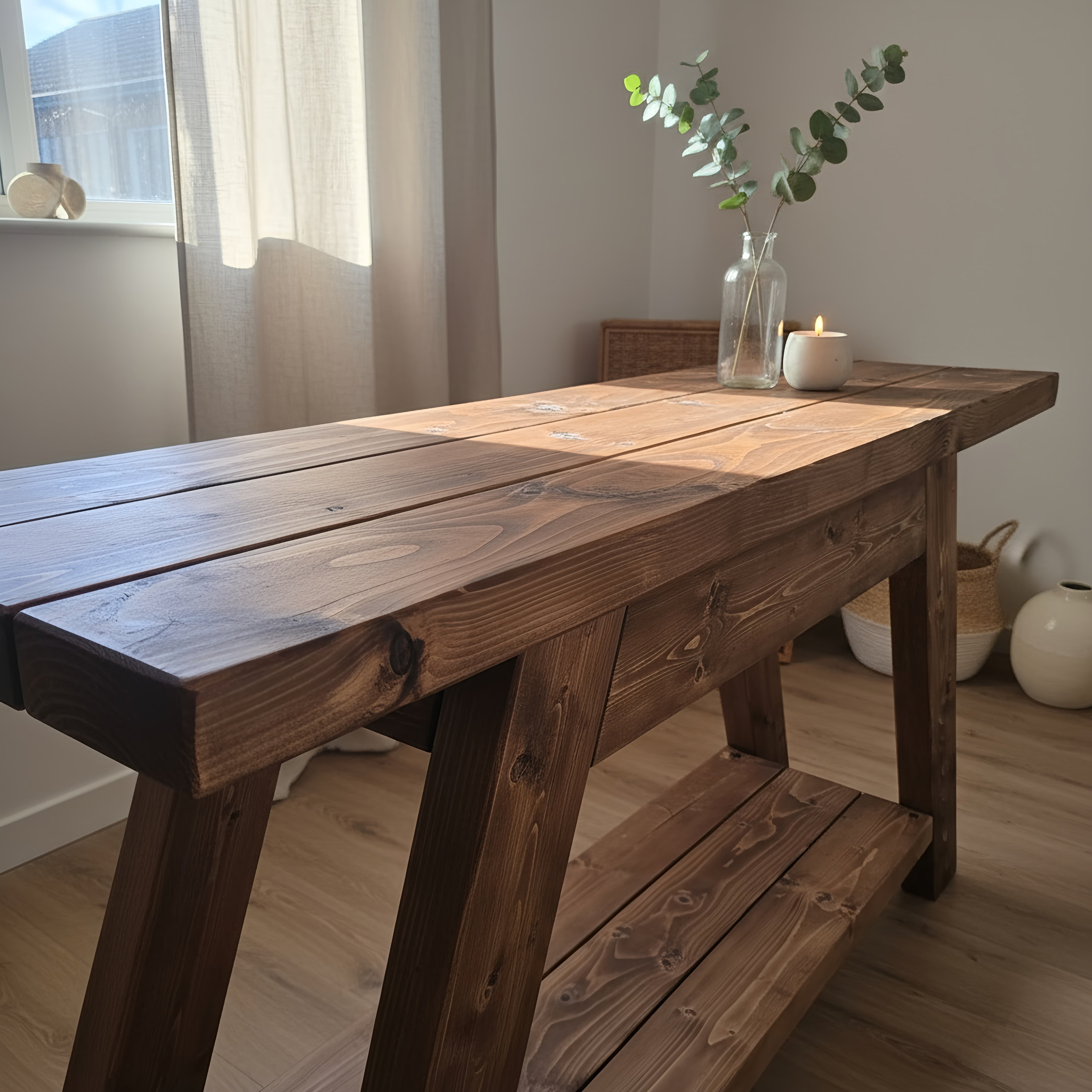 Rustic dark brown dasi console table with visible wood grain and a lower shelf in shelf walnut colour