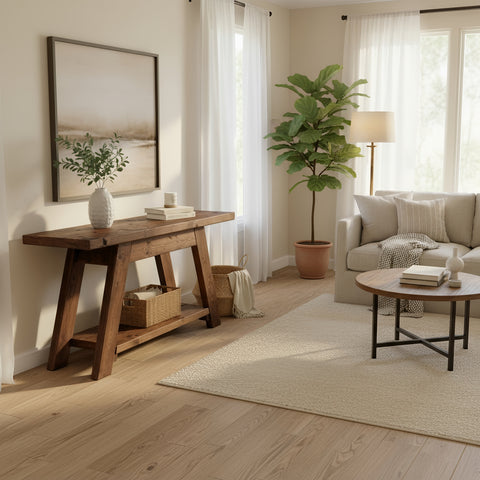 Rustic dasi console table with shelf walnut colour featuring dark brown wood grain and angled legs for stylish storage