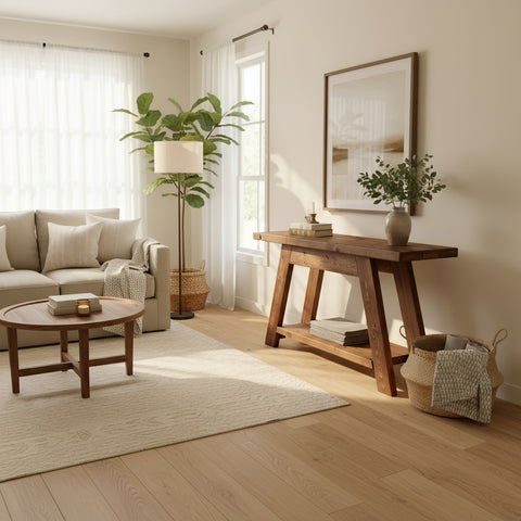 Rustic dasi console table with shelf walnut colour featuring a dark brown finish and visible wood grain with two tiers