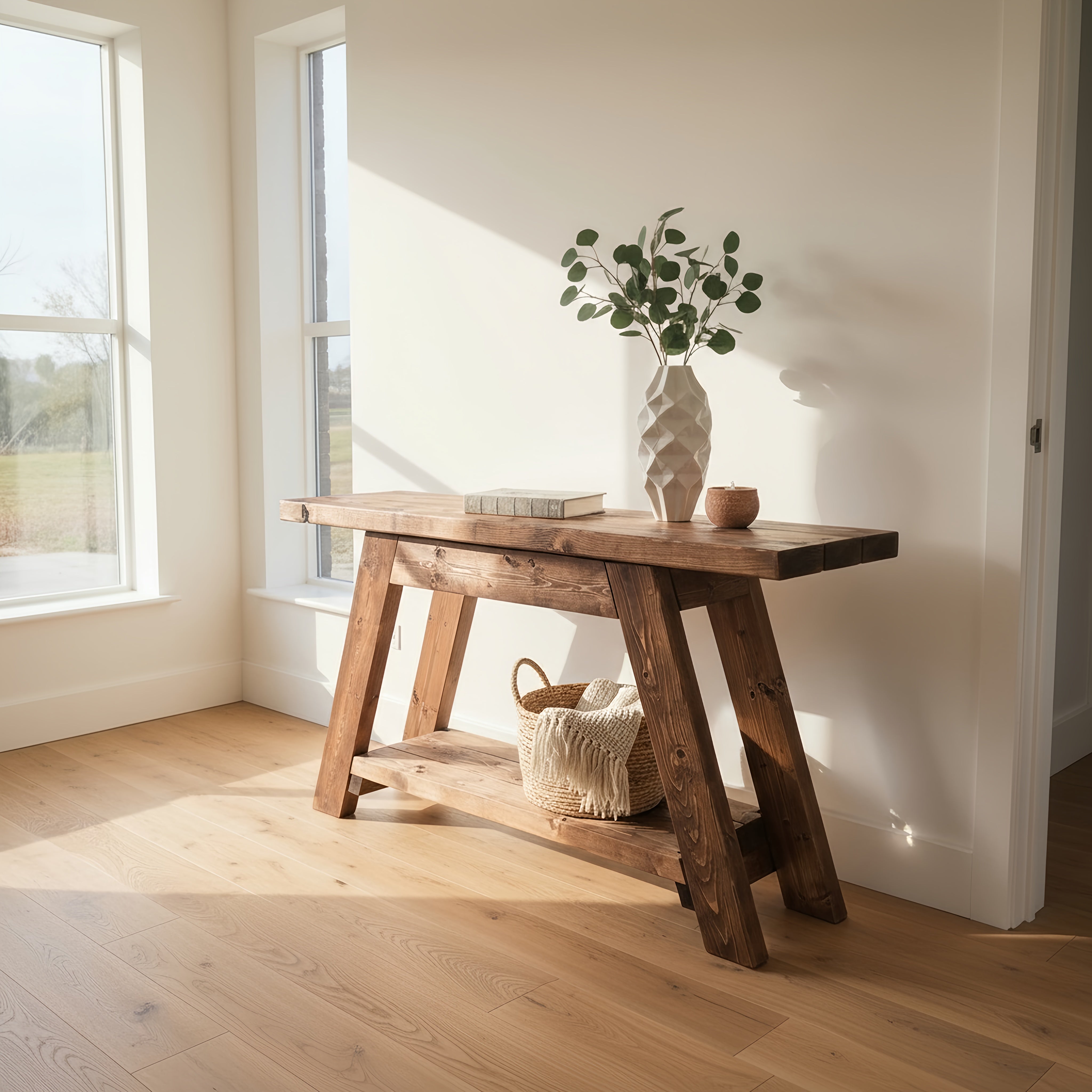 Rustic dasi console table with angled legs and lower shelf in walnut colour perfect for hallway or living room