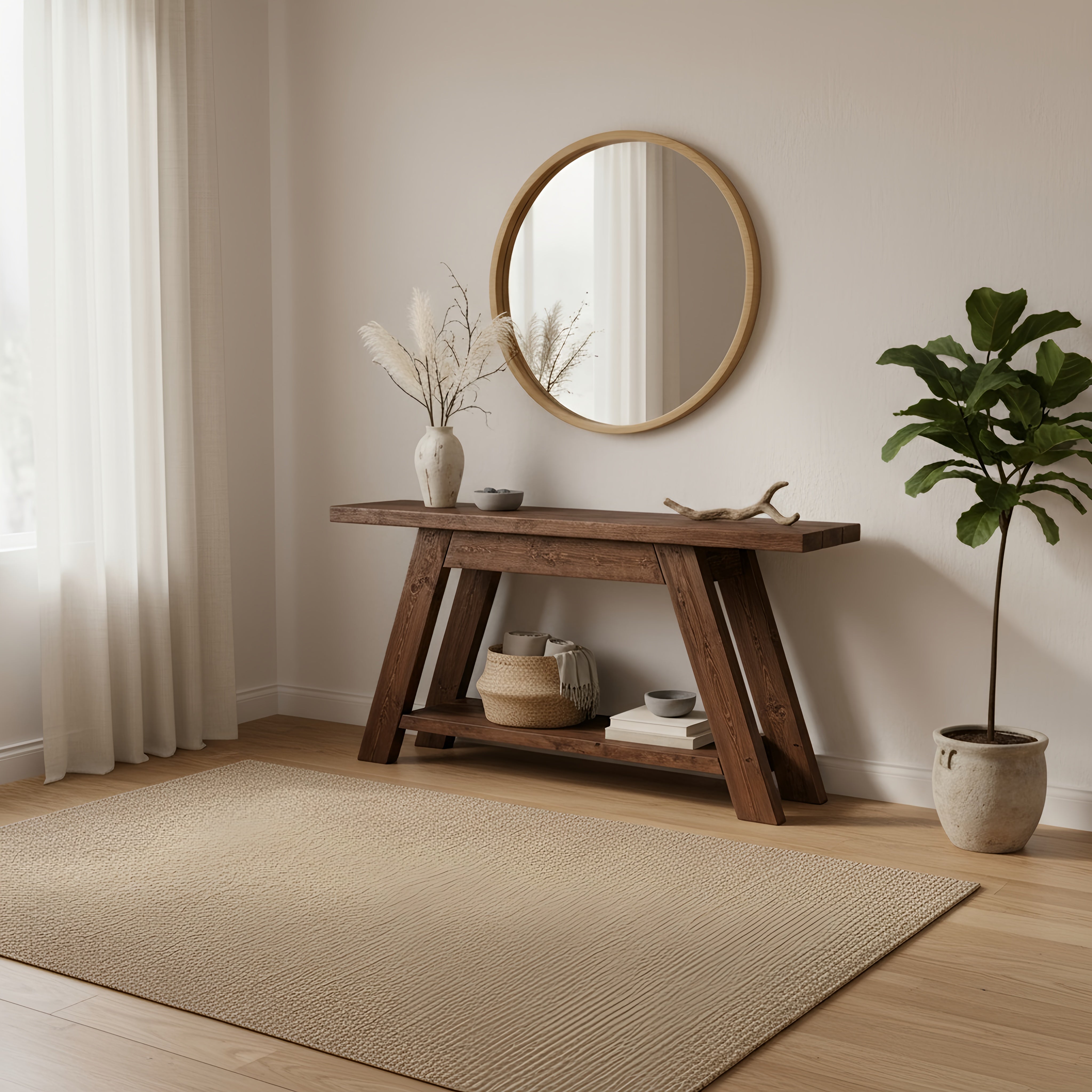 Rustic dasi console table with shelf walnut colour featuring natural finish a-frame legs and open shelf with baskets and books