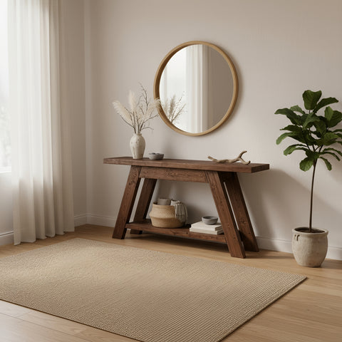Rustic dasi console table with shelf walnut colour featuring natural finish a-frame legs and open shelf with baskets and books
