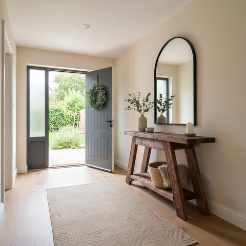 A dasi console table with shelf walnut colour features a rustic wooden finish and sturdy a-frame legs with a basket shelf