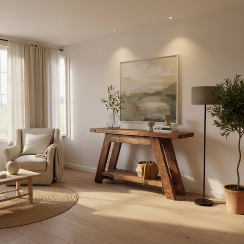Rustic dasi console table with sturdy a-frame design and lower shelf in shelf walnut colour perfect for entryways