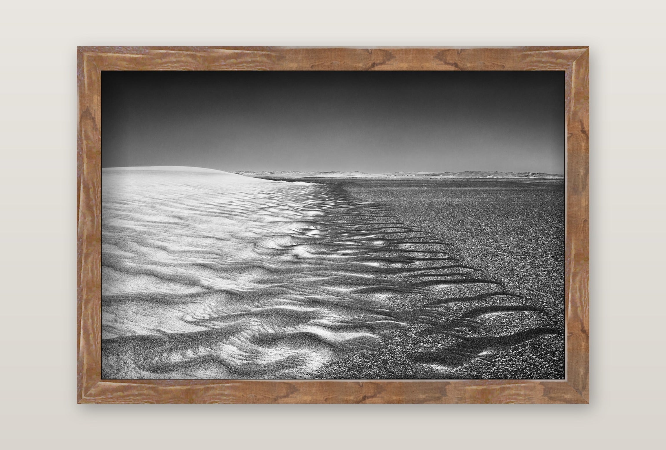Rustic wooden framed black and white desert landscape photo with textured dunes fine art by david ballam nam09