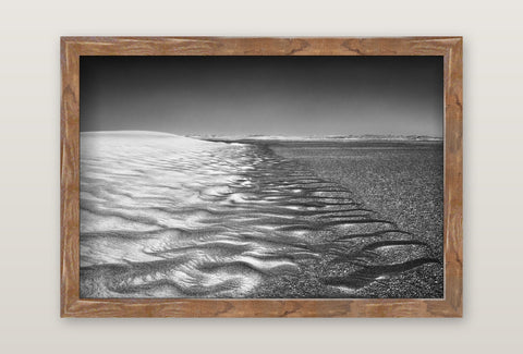Rustic wooden framed black and white desert landscape photo with textured dunes fine art by david ballam nam09