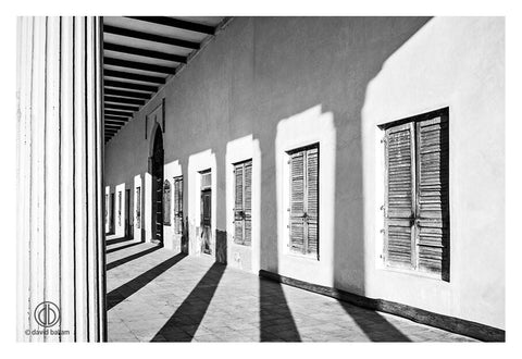 David ballam fine art showing wooden shutters with vertical slats set in light walls under an arched ceiling