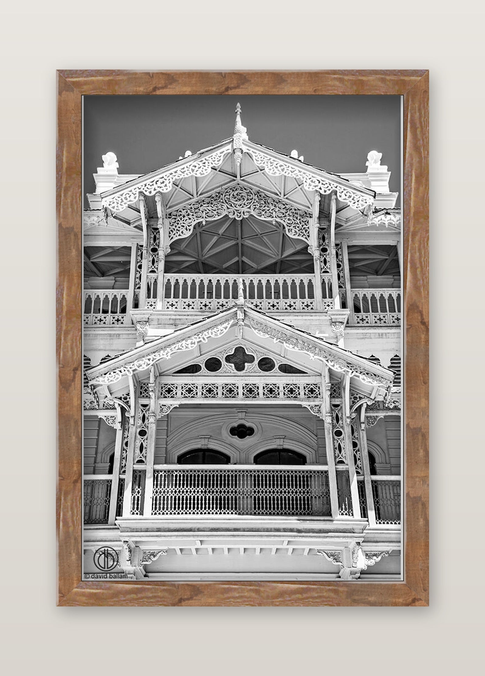 A fine art black and white victorian building photo with intricate woodwork by david ballam zan_85